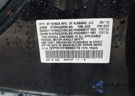 2011 Honda Ridgeline Rt z USA, uszkodzony, nr VIN 5FPYK1F21BB003710